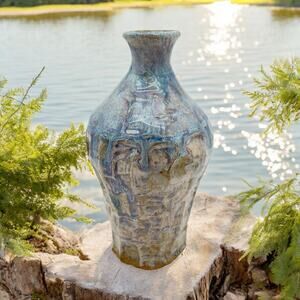 Studio Pottery 8" Vase Blue Tan Heavy Drip Chunky Texture Glossy Artist Signed